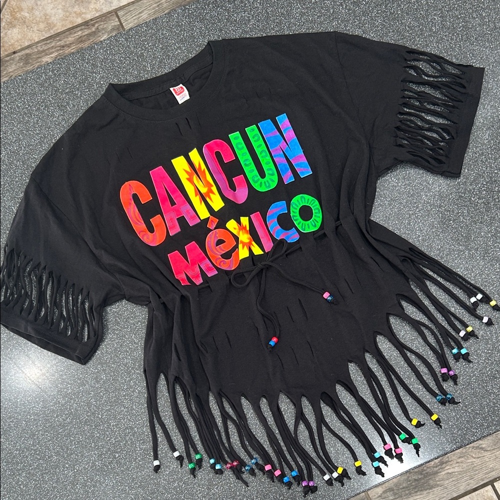 Hanes Black Cancun Mexico Fringe T-Shirt for woman or young adult